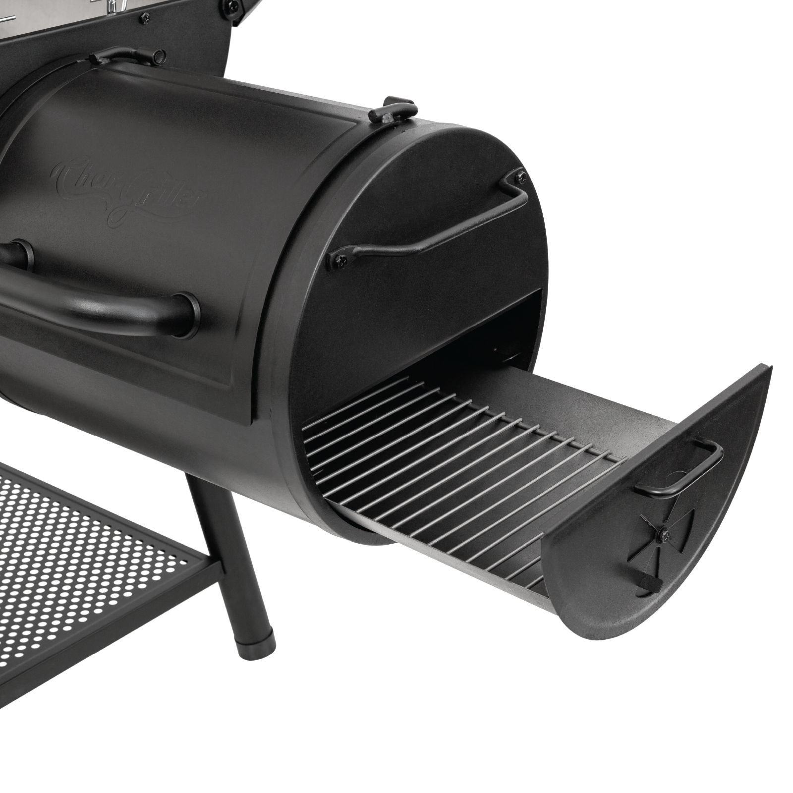 Char grill smoker attachment outlet